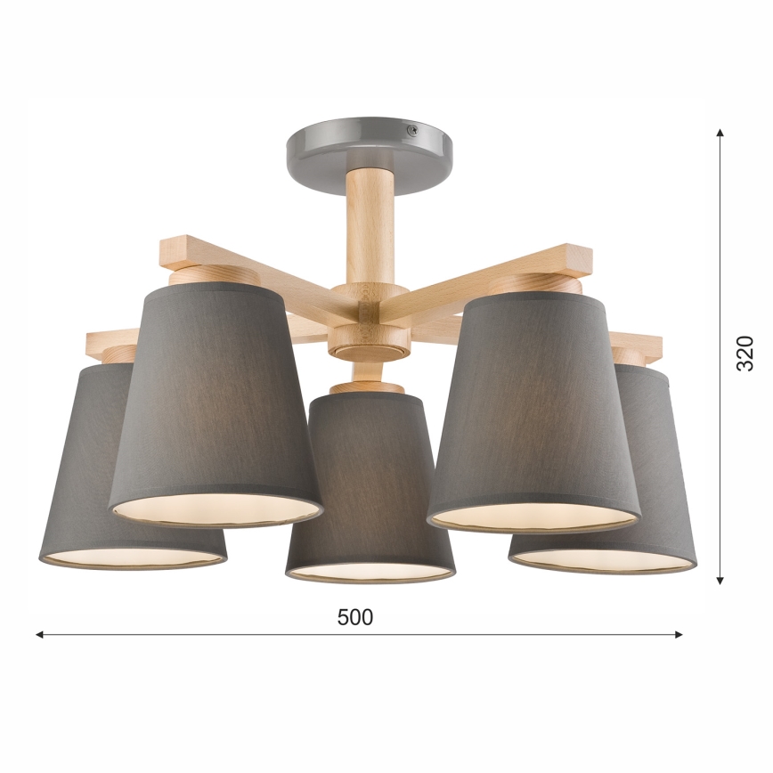 Candelabro integrado ELLIE 5xE27/60W/230V cinzento/faia - FSC certificado