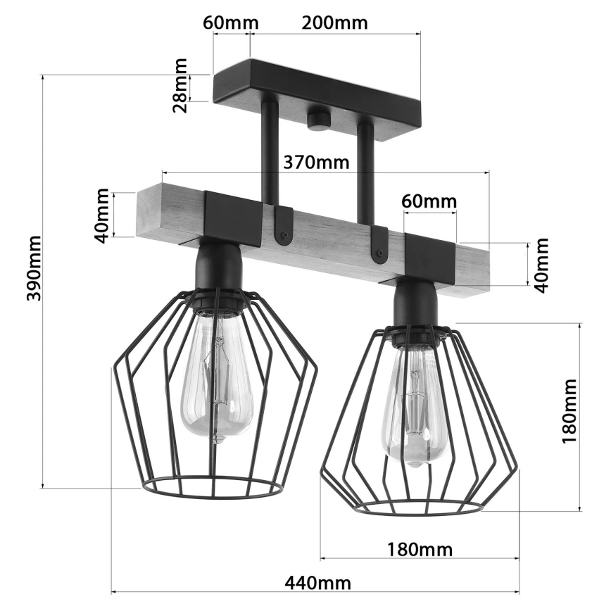 Candelabro montado à superfície CAMEROON 2xE27/60W/230V preto/madeira