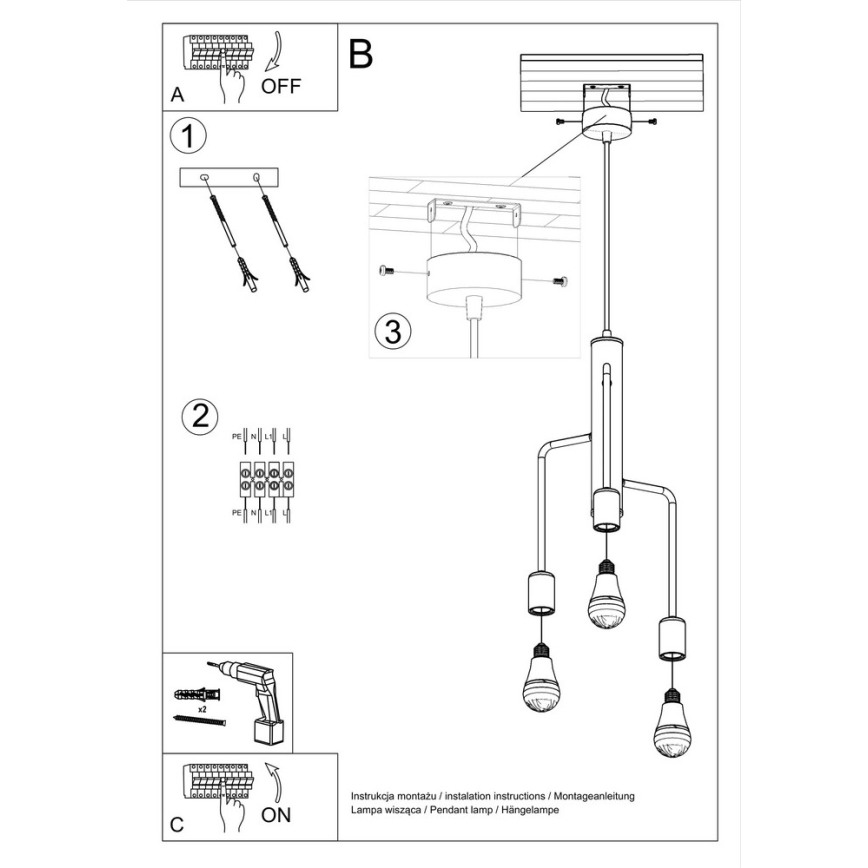 Candelabro num fio DUOMO 3M 3xE27/60W/230V preto antigo