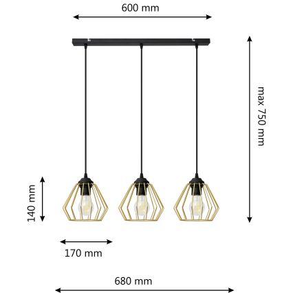 Candelabro suspenso AGAT 3xE27/15W/230V dourado/preto