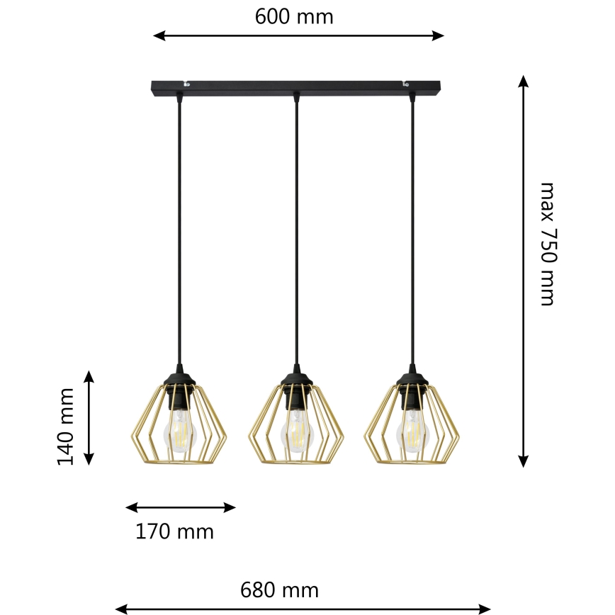 Candelabro suspenso AGAT 3xE27/15W/230V dourado/preto