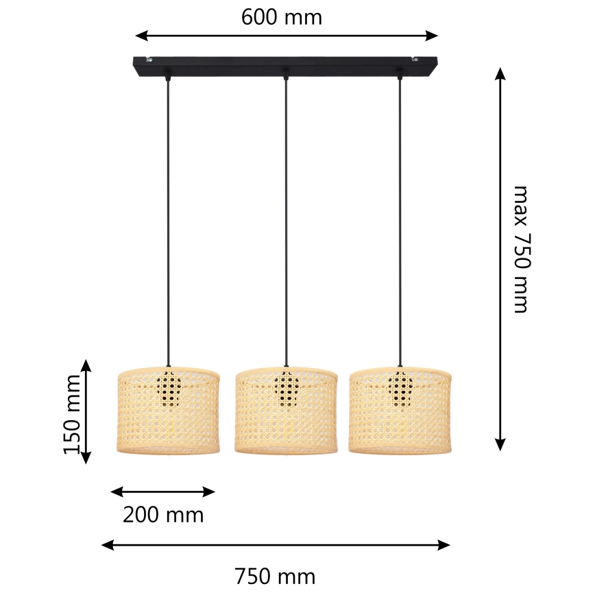 Candelabro suspenso ALBA 3xE27/15W/230V vime/preto