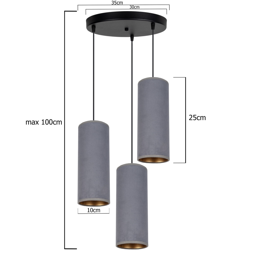 Candelabro suspenso AVALO 3xE27/60W/230V diâmetro 35 cm cinzento