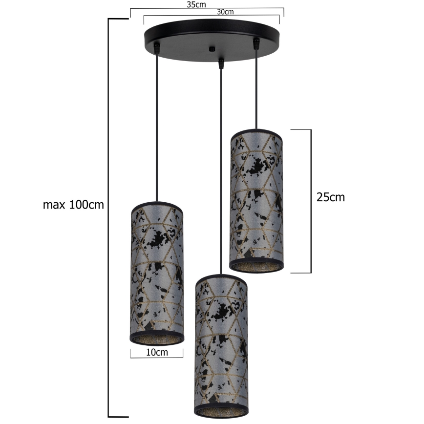 Candelabro suspenso AVALO 3xE27/60W/230V diâmetro 35 cm cinzento/preto