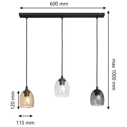 Candelabro suspenso BRILLANT 3xE27/15W/230V bege/transparente/cinzento