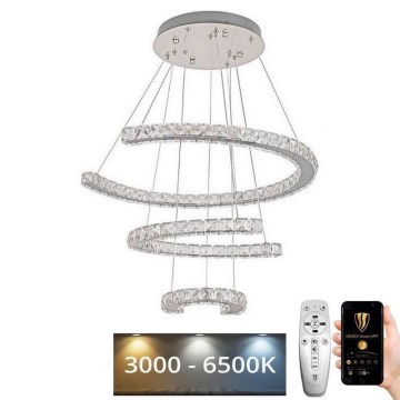 Candelabro suspenso de cristal LED com regulação LED/100W/230V 3000-6500K prateado + controlo remoto