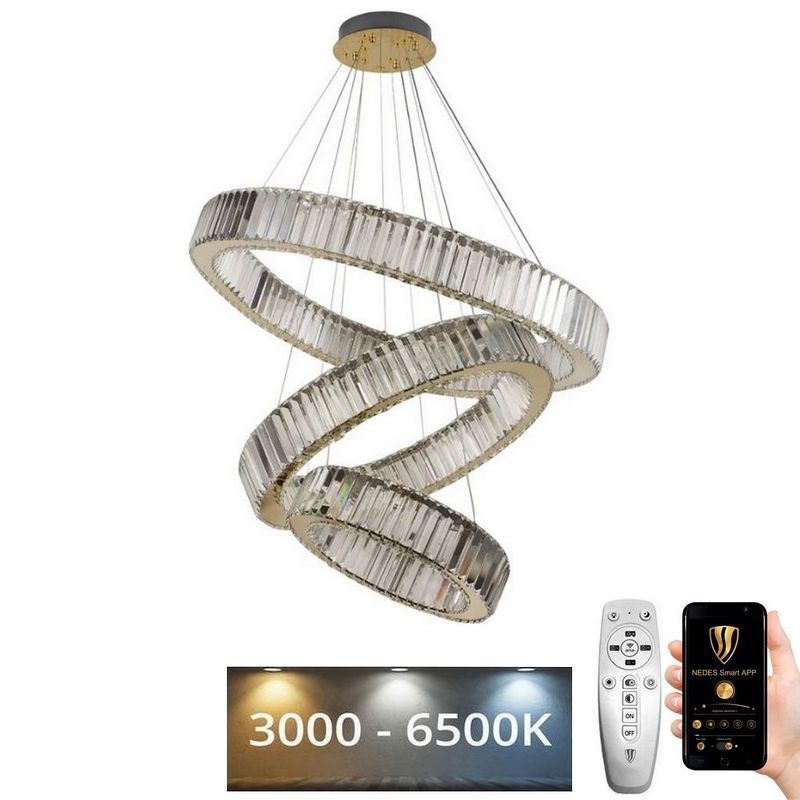Candelabro suspenso de cristal LED com regulação LED/115W/230V 3000-6500K cromado/dourada + controlo remoto