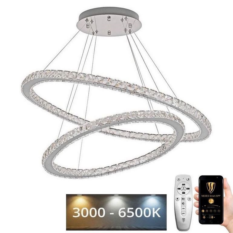 Candelabro suspenso de cristal LED com regulação LED/160W/230V 3000-6500K prateado + controlo remoto