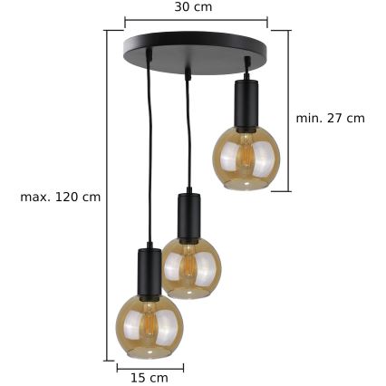Candelabro suspenso JANTAR BLACK 3xE27/60W/230V diâmetro 30 cm