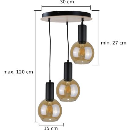 Candelabro suspenso JANTAR WOOD 3xE27/60W/230V diâmetro 30 cm