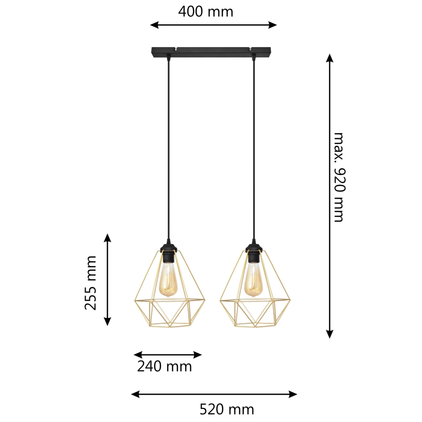 Candelabro suspenso KARO 2xE27/15W/230V dourada/preto