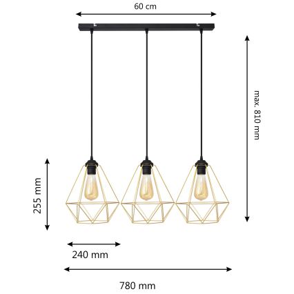 Candelabro suspenso KARO 3xE27/15W/230V dourada/preto