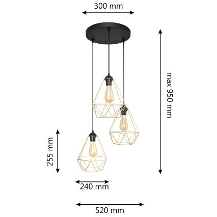 Candelabro suspenso KARO 3xE27/15W/230V dourada/preto