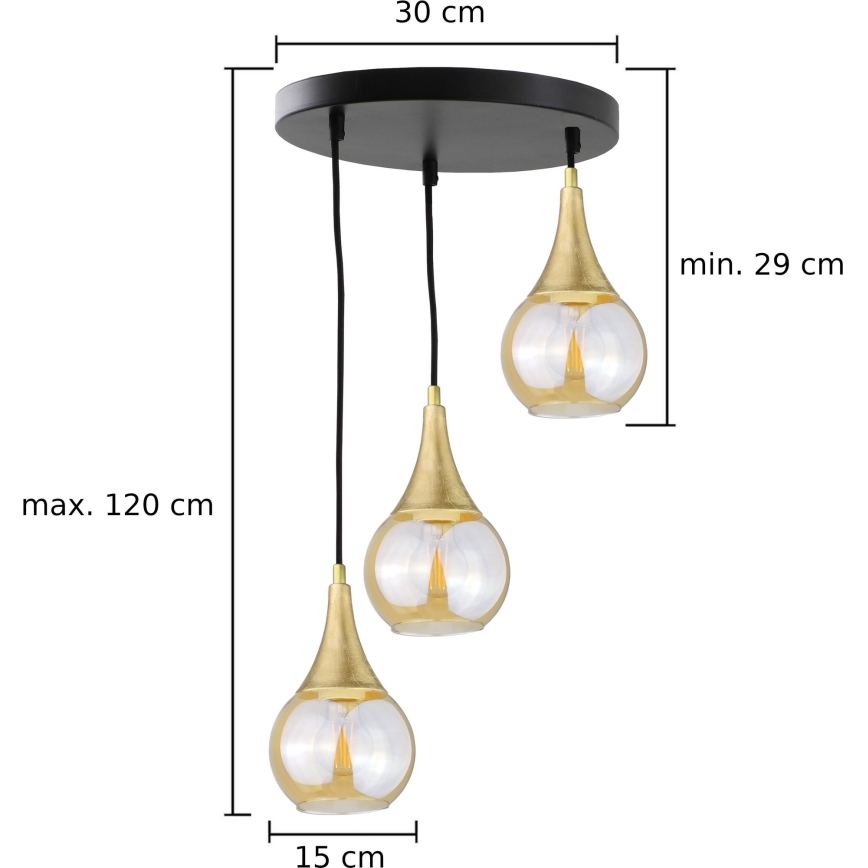Candelabro suspenso LACRIMA HONEY 3xE27/60W/230V diâmetro 30 cm