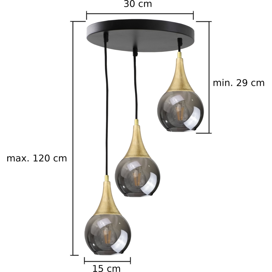 Candelabro suspenso LACRIMA SMOKY 3xE27/60W/230V diâmetro 30 cm