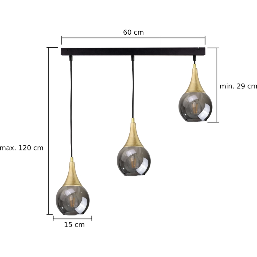 Candelabro suspenso LACRIMA SMOKY 3xE27/60W/230V