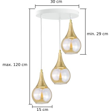 Candelabro suspenso LACRIMA WHITE 3xE27/60W/230V diâmetro 30 cm