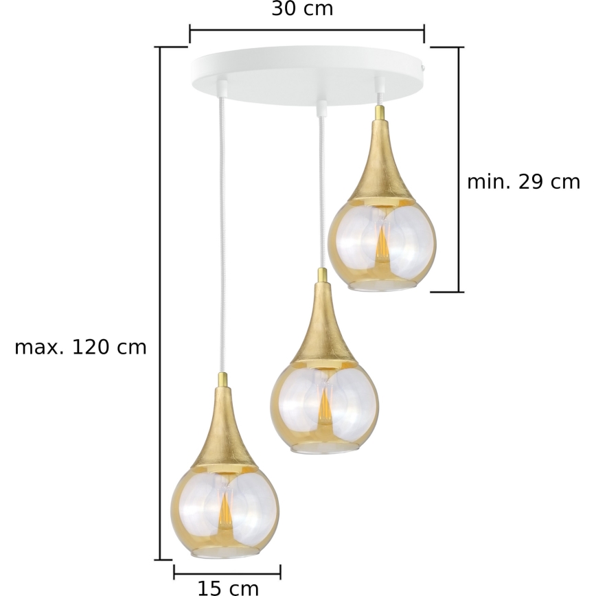 Candelabro suspenso LACRIMA WHITE 3xE27/60W/230V diâmetro 30 cm