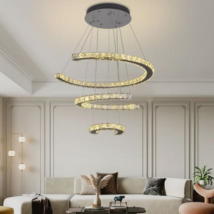 Candelabro suspenso de cristal LED com regulação LED/100W/230V 3000-6500K prateado + controlo remoto