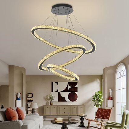 Candelabro suspenso de cristal LED com regulação LED/210W/230V 3000-6500K prateado + controlo remoto
