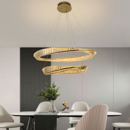 Candelabro suspenso de cristal LED com regulação LED/90W/230V 3000-6500K dourada/cromado + controlo remoto