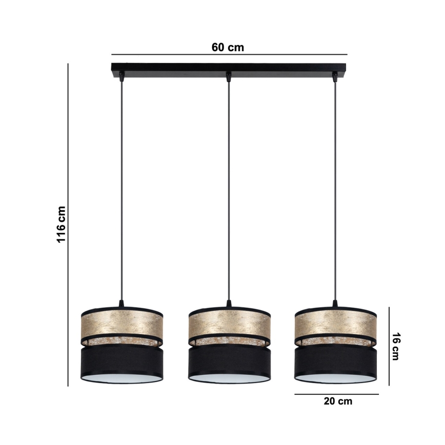 Candelabro suspenso LIMA 3xE27/60W/230V dourada/preto