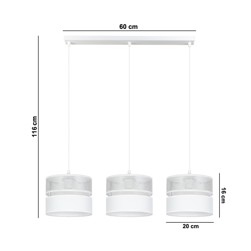 Candelabro suspenso LIMA 3xE27/60W/230V prateado/branco