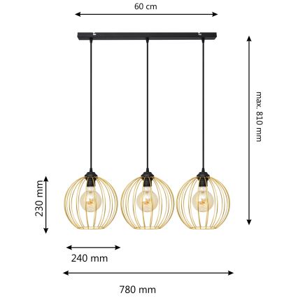 Candelabro suspenso MERCURE 3xE27/15W/230V dourada/preto