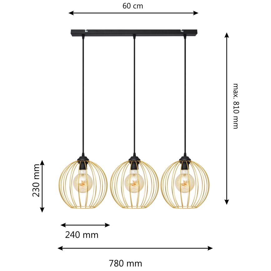 Candelabro suspenso MERCURE 3xE27/15W/230V dourada/preto