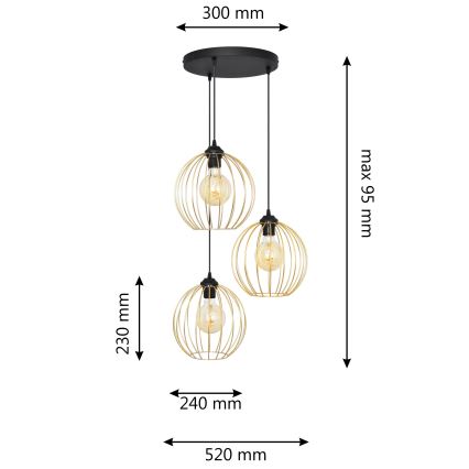 Candelabro suspenso MERCURE 3xE27/15W/230V dourada/preto