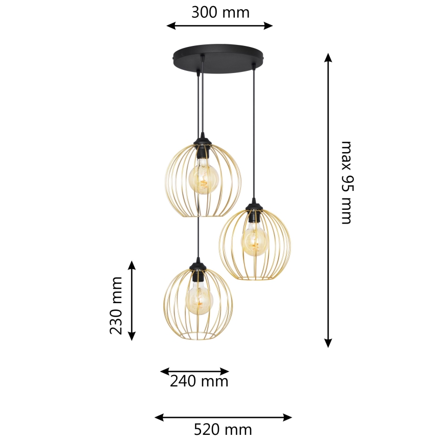 Candelabro suspenso MERCURE 3xE27/15W/230V dourada/preto