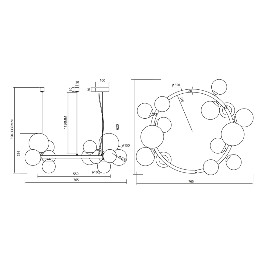 Candelabro suspenso MILA 14xG9/9W/230V preto/cinzento