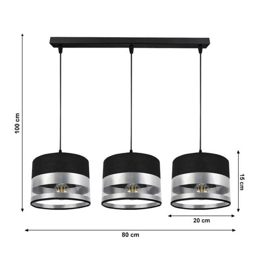 Candelabro suspenso MILO 3xE27/60W/230V prateado/preto