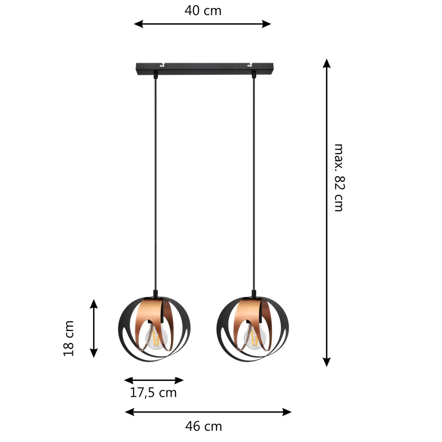 Candelabro suspenso MOONLIGHT 2xE27/15W/230V preto/cobre