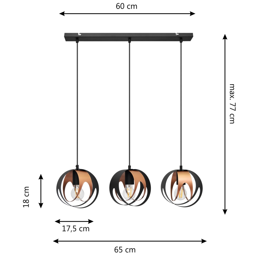 Candelabro suspenso MOONLIGHT 3xE27/15W/230V preto/cobre