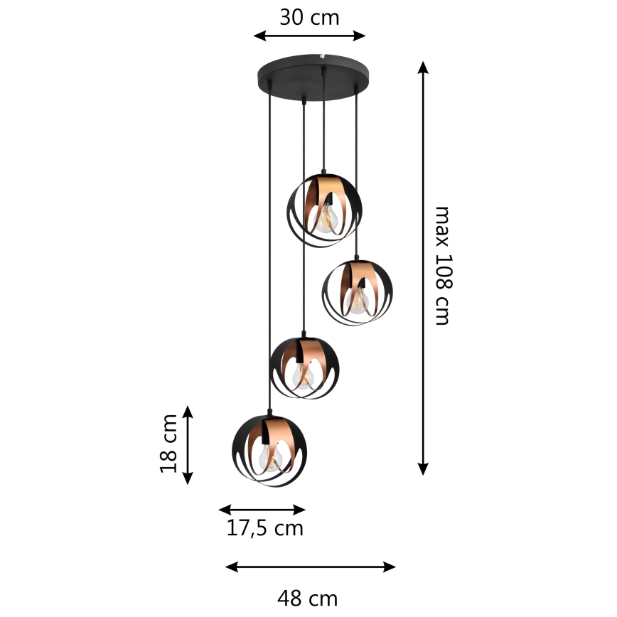 Candelabro suspenso MOONLIGHT 4xE27/15W/230V preto/cobre