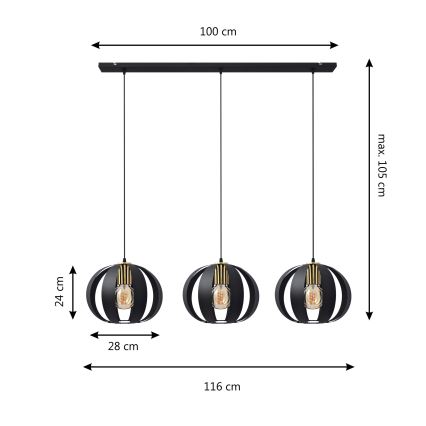 Candelabro suspenso NEWTON 3xE27/15W/230V preto/dourado
