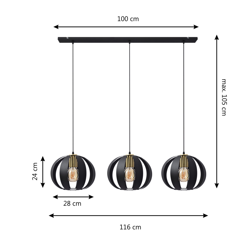 Candelabro suspenso NEWTON 3xE27/15W/230V preto/dourado