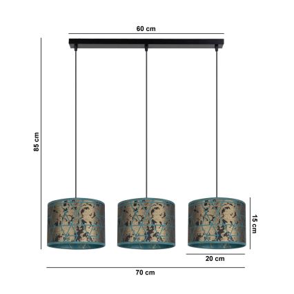 Candelabro suspenso REZO 3xE27/60W/230V dourado/turquesa