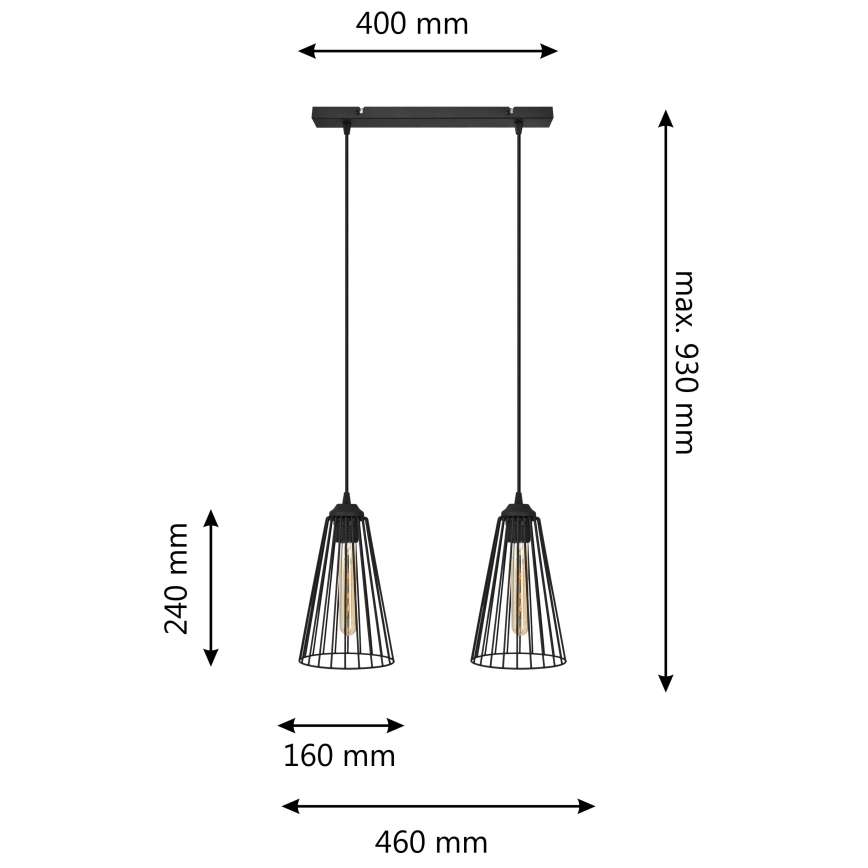 Candelabro suspenso TORRI 2xE27/15W/230V preto