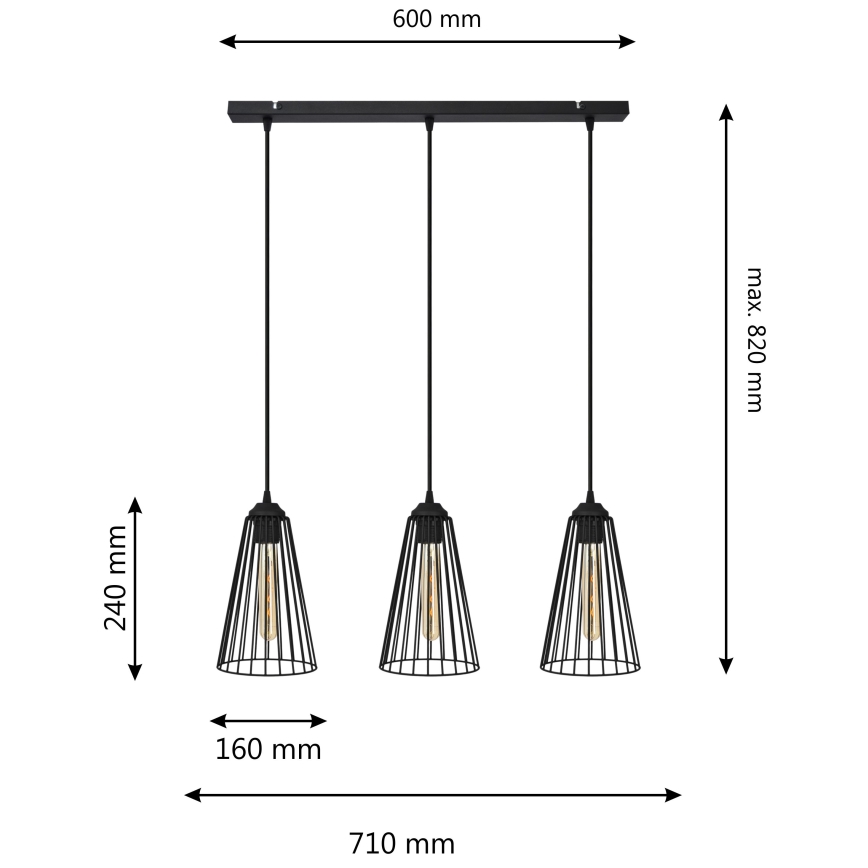 Candelabro suspenso TORRI 3xE27/15W/230V preto