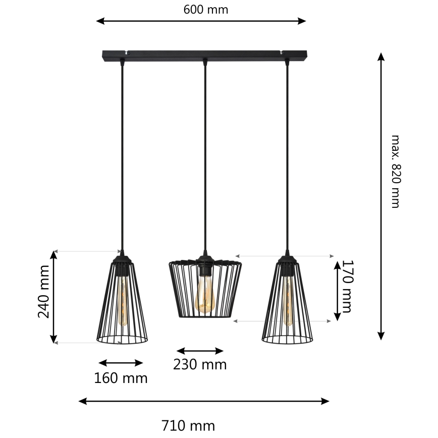 Candelabro suspenso TORRI 3xE27/15W/230V preto