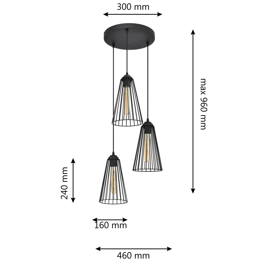 Candelabro suspenso TORRI 3xE27/15W/230V preto
