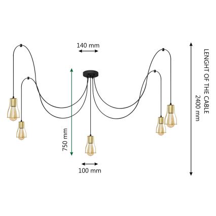 Candelabro suspenso TUBE LONG 5xE27/15W/230V preto/dourada