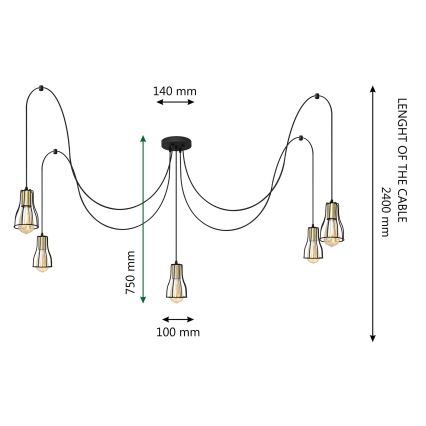 Candelabro suspenso TUBE LONG 5xE27/15W/230V preto/dourada