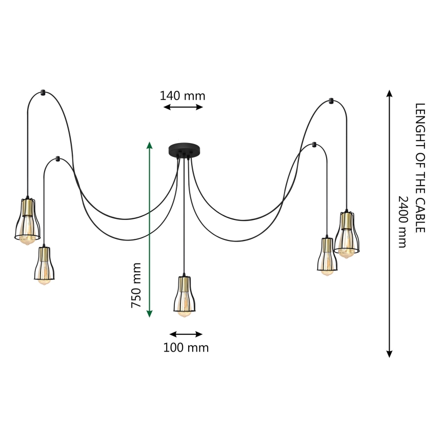 Candelabro suspenso TUBE LONG 5xE27/15W/230V preto/dourada