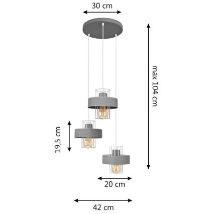 Candelabro suspenso VOLTA 3xE27/15W/230V diâmetro 42 cm cinzento