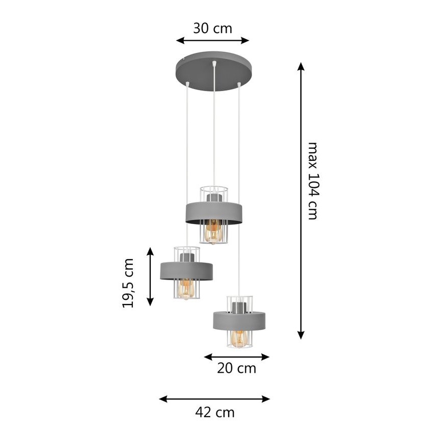 Candelabro suspenso VOLTA 3xE27/15W/230V diâmetro 42 cm cinzento