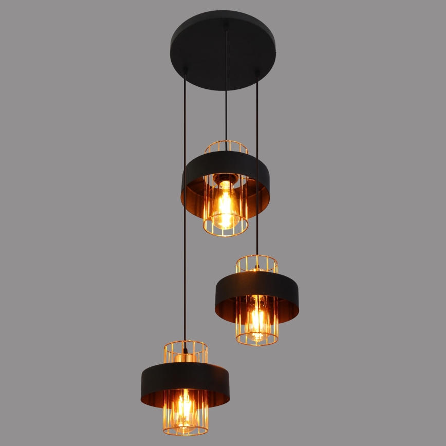 Candelabro suspenso VOLTA 3xE27/15W/230V preto/dourada