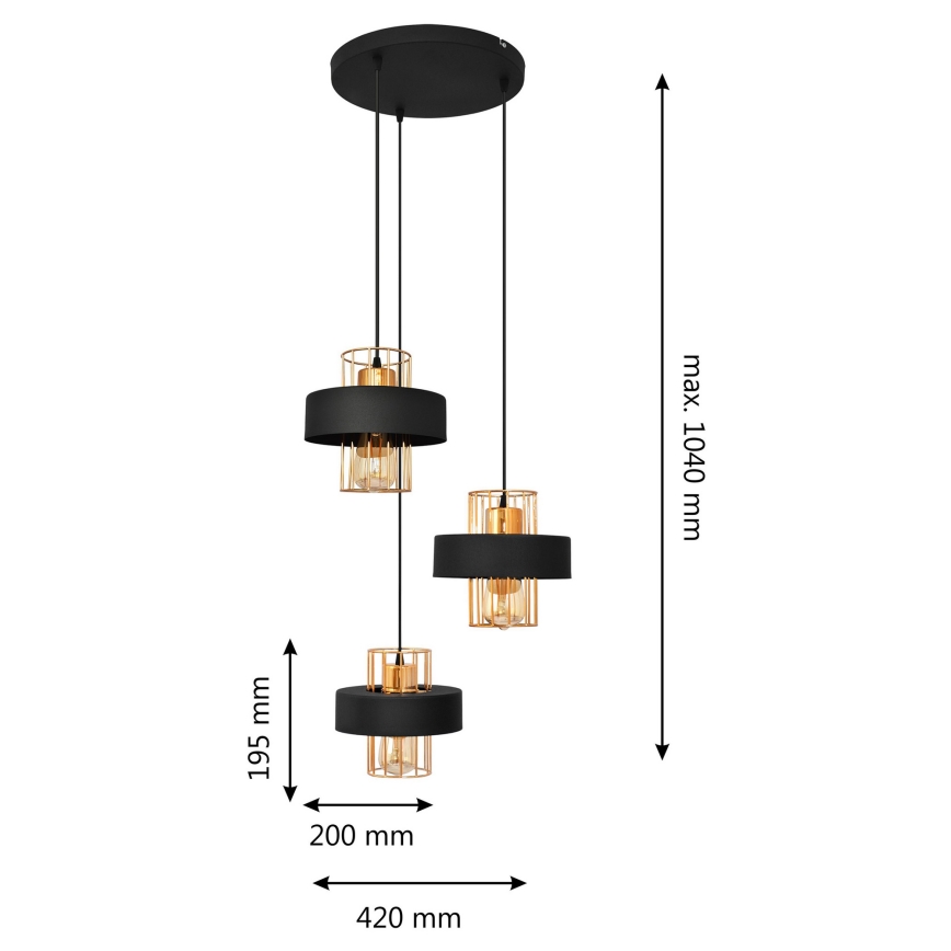 Candelabro suspenso VOLTA 3xE27/15W/230V preto/dourada